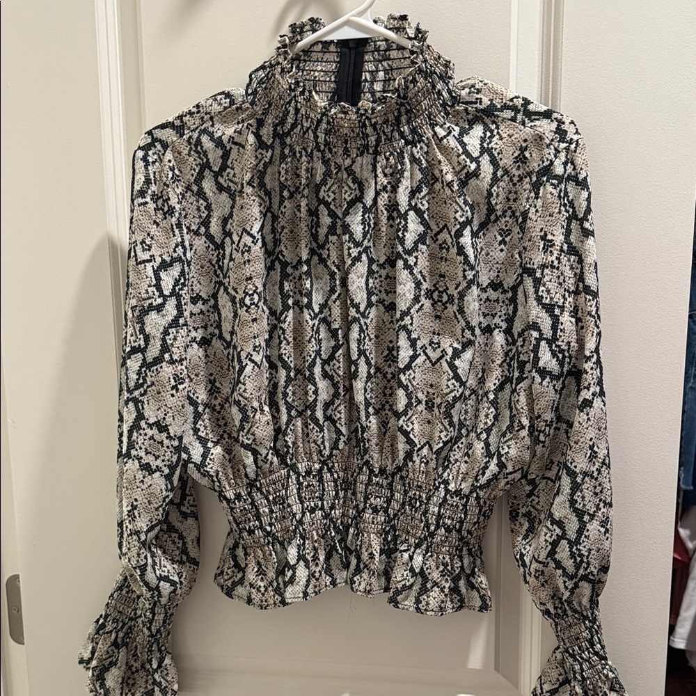 Snake Print Smocked Blouse back zipper Medium
